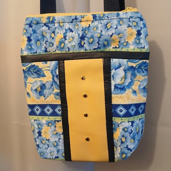 New Pleather trim Roses Crossbody Bag Purse Blue Yellow Zip Sling Travel bag - Picture 3 of 12